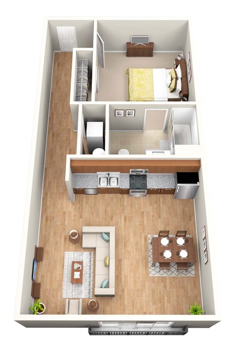 Floor plan for 1 bed, 1 bath, 637 sqft